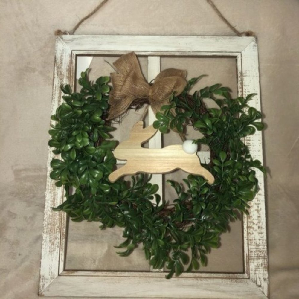 Bunny Wooden Window Decor With Boxwood Wreath